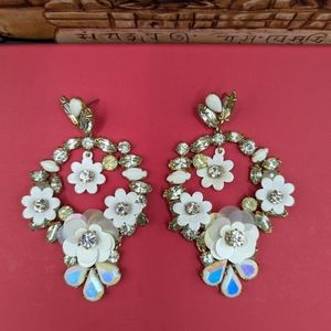 J.Crew Floral Earrings with Aurora borealis AB Rhinestones Floral cream euc